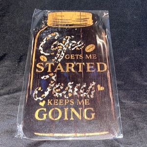 Wooden mason jar shaped sign; Jesus and coffee. Includes twine string.